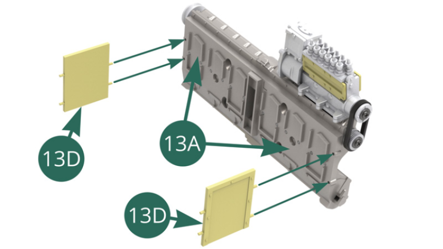 Instala las dos particiones 13D, con los remaches hacia fuera, en los extremos de la culata 13A. 