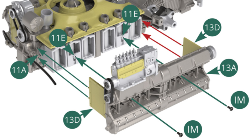 Fija la culata izquierda 13A en la parte inferior del cilindro 11E asegurándote de que las dos particiones 13D estén correctamente posicionadas en el bloque motor izquierdo 11A. Luego fija el conjunto con dos tornillos IM (ilustraciones opuestas y siguientes).