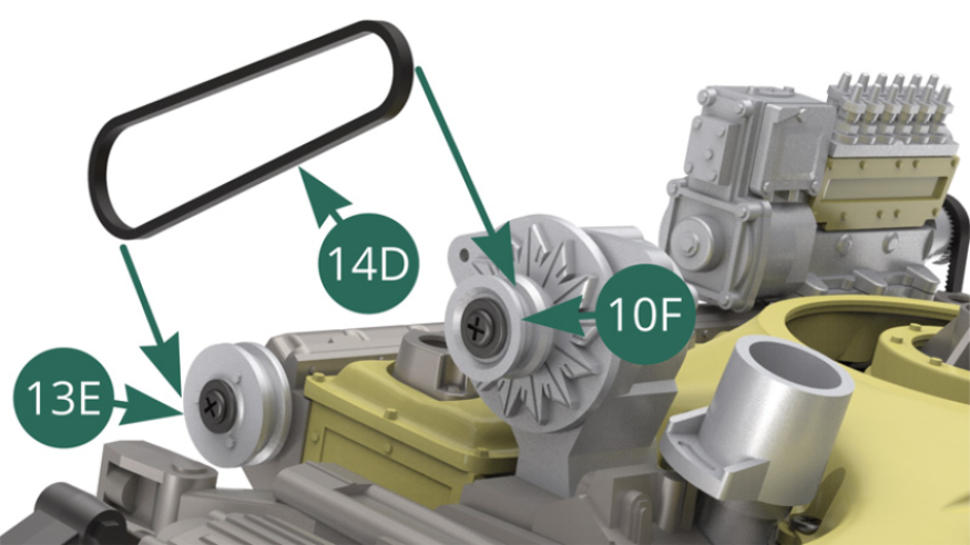 Monta la correa principal del generador 14D en las poleas 10F y 13E (ilustraciones al lado y abajo). 