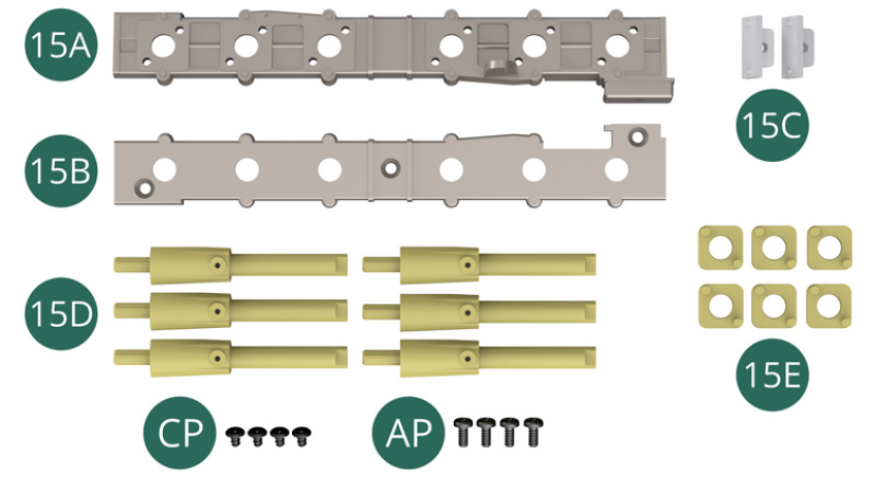 15A Soporte de trompeta de admisión superior 15B Base inferior trompetas de admisión 15C Tapa final (x 2) 15D Trompeta de admisión (x 6) 15E Brida de admisión (x 6) Tornillo CP M 1.7 x 3 x 3 mm (x 4, cabeza plana) Tornillo AP M 1,7 x 4 mm (x 4) 