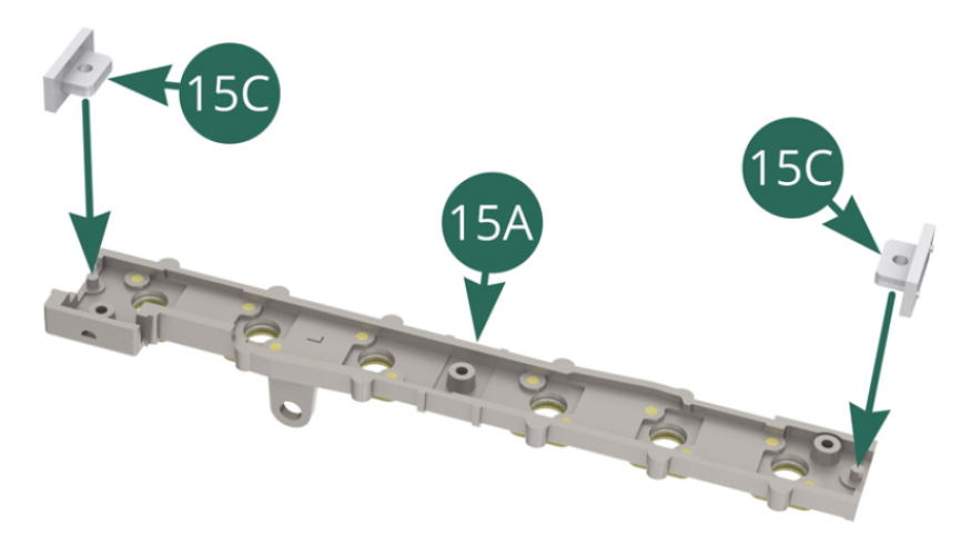 Fija las dos tapas 15C sobre los extremos del soporte de la trompeta de admisión 15A. 