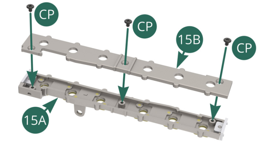 Monta la parte inferior del soporte de la trompeta de admisión 15B en la parte superior del soporte 15A y fíjala con tres tornillos CP.