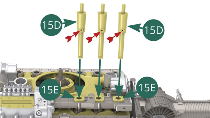 Vérifier la bonne orientation vers l’extérieur des trous sur les trompettes 15D (flèches rouges sur illustrations ci-dessous).