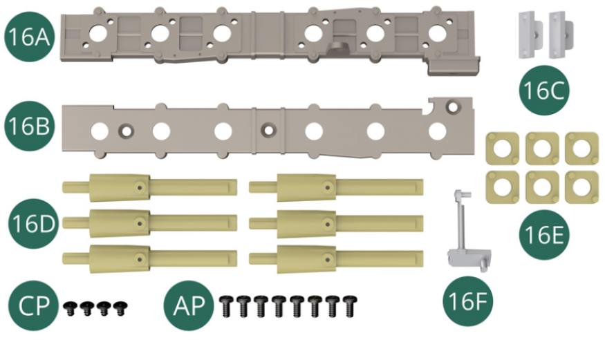 16A Einlass-Trompeten-Stützoberteil 16B Eintrittstrompetenstütze Unterseite 16C Endabdeckung (x 2) 16D Eintrittstrompete (x 6) 16E Einlassflansch (x 6) 16F Generatorstützarm CP-Schraube M 1,7 x 3 x 3 mm (x 4, flacher Kopf) AP-Schraube M 1,7 x 4 mm (x 8) 