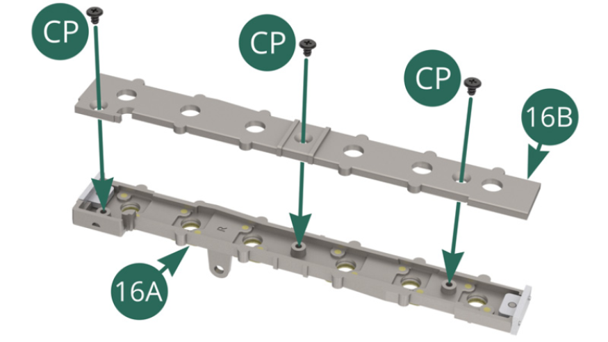 Monta la parte inferior del soporte de la trompeta de admisión 16B en la parte superior del soporte 16A y fíjala con tres tornillos CP. 