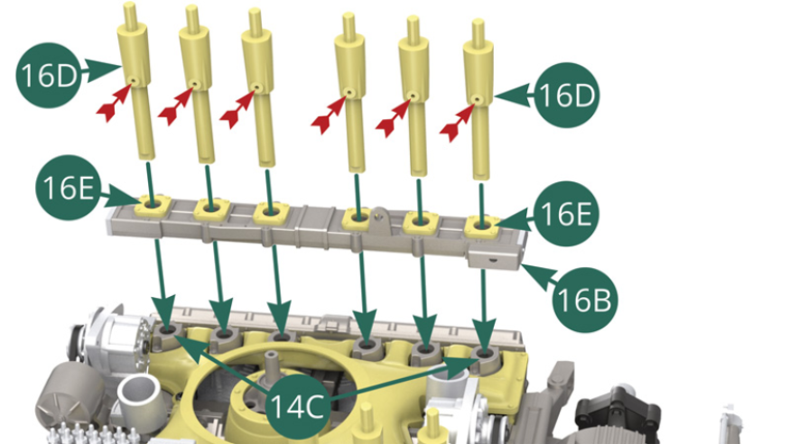 Positionner le support de trompettes d’admission 16B sur les six supports d’admission d’air 14C.Placer six trompettes d’admission 16D dans les six supports 14C correspondants en les faisant passer à travers leurs six brides 16E respectives.Vérifier la bonne orientation vers l’intérieur des trous sur les trompettes 16D (flèches rouges).