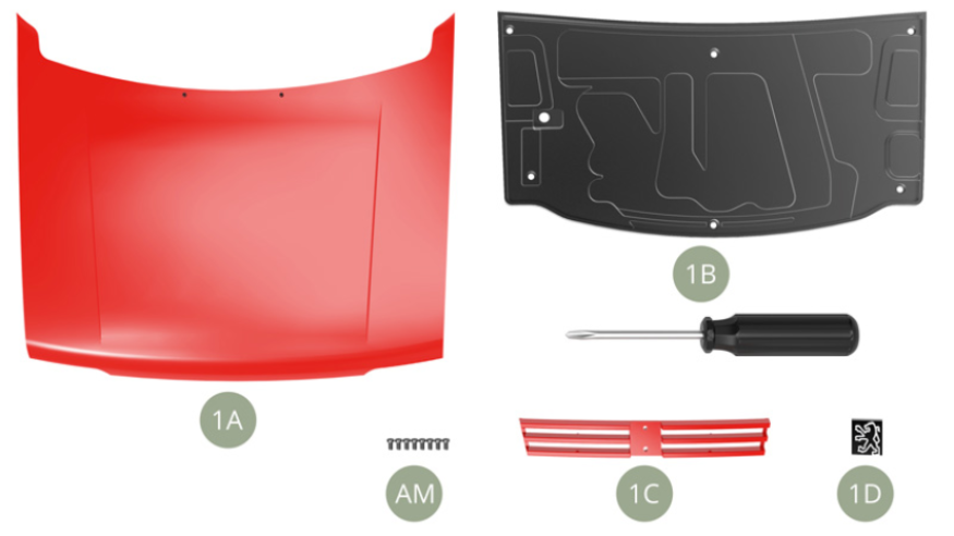 1A Bonnet1B Bonnet reinforcement1C Front grille1D Peugeot emblemScrews AM M 1,7 x 3mm (3x)Screwdriver