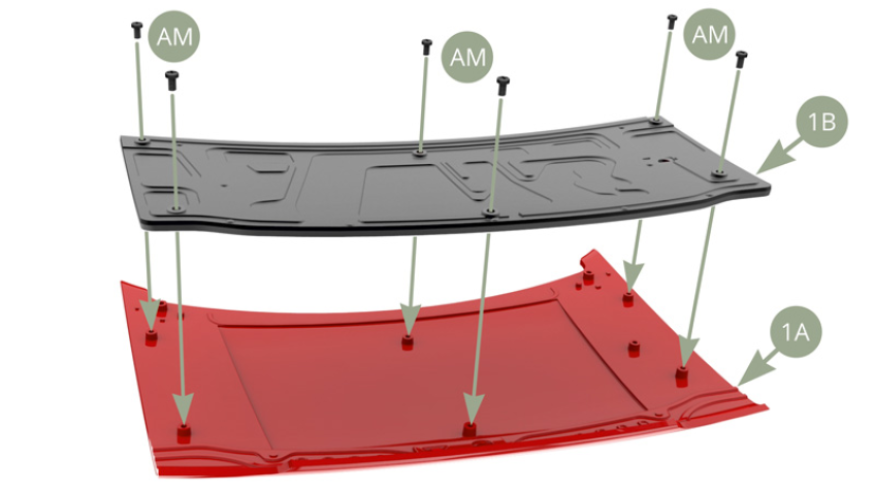 Monta 1B (Refuerzo del capó) en 1A (Capó) y fíjalo con seis tornillos AM.