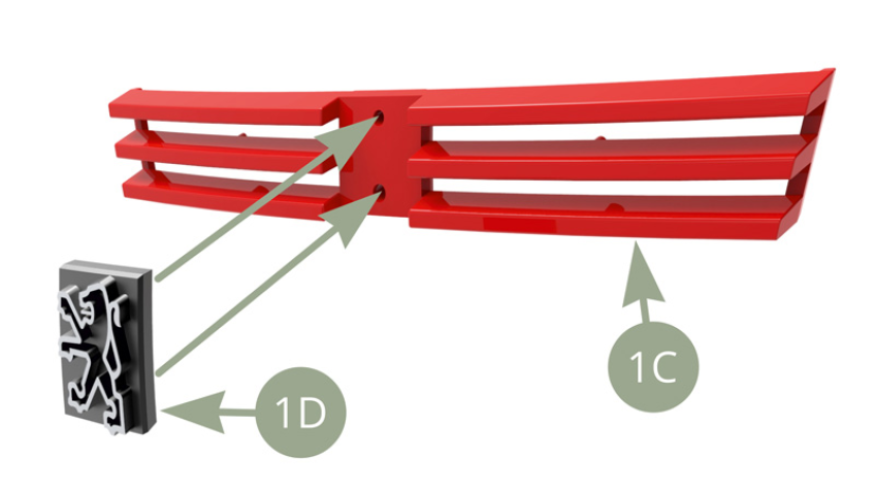 Befestigen Sie 1D (Peugeot-Emblem) auf 1C (Kühlergrill).