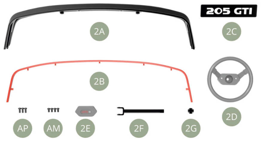 2A Front bumper2B Front bumper trim2C Front license plate2D Steering wheel2E Steering wheel cover2F Steering wheel shaft2G Universal joint crossScrews AP M1,7 x4mm ( x3 ) Screws AM M1,7 x3mm ( x4 )