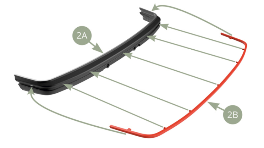 Fija 2B (Moldura del parachoques delantero) a 2A (Parachoques delantero).