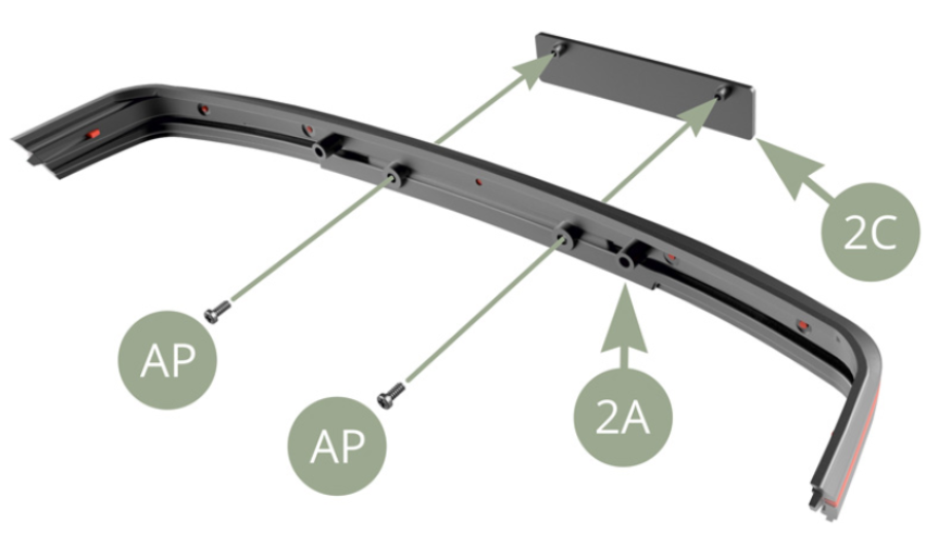 Fit 2C Front license plate to 2A Front bumper and fix with two AP screws.