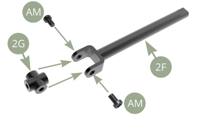 Coloca 2G (Cruceta de la junta universal)  en la horquilla de 2F (Columna de dirección) y fíjala con dos tornillos AM.