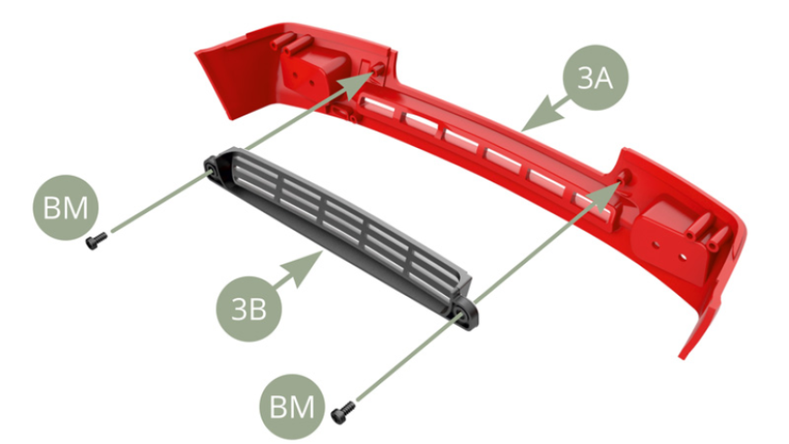 Instala 3B (Rejilla) en 3A (Parachoques delantero)  y fíjala con dos tornillos BM.