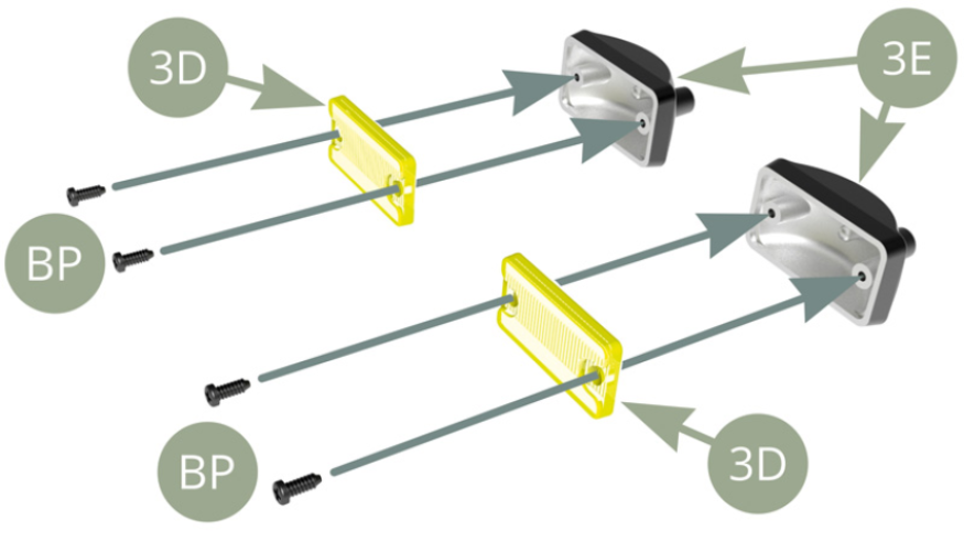 Coloca 3D (Lentes de faro auxiliar) en 3E (Carcasas de faro auxiliar) y fíjalas con dos tornillos BP.