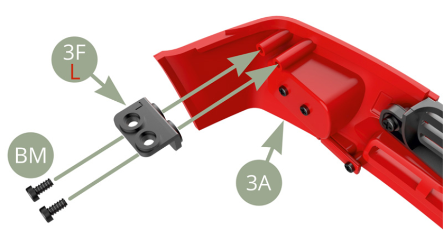 Montieren Sie 3F (Linke Halterung L) an 3A (Stoßstange vorne) und befestigen Sie sie mit zwei BM-Schrauben.