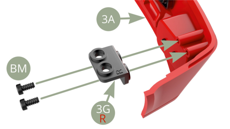 Montieren Sie 3G (Rechte Halterung R) an 3A (Stoßstange vorne) und befestigen Sie sie mit zwei BM-Schrauben.