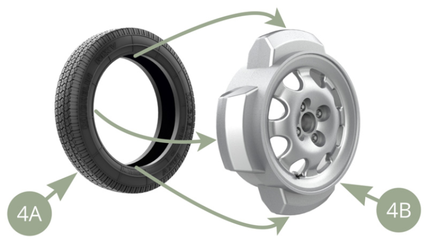 Lassen Sie 4A (Michelin MXV-Reifen) zwei Minuten lang in heißem Wasser einweichen und montieren Sie ihn dann über der Felge 4B.