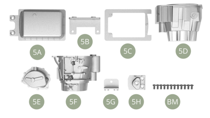 5A Cárter de aceite     5B Soporte5C Placa espaciadora5D Carcasa de caja de cambios inferior5E Tapa trasera 5F Carcasa de la caja de cambios superior5G Soporte5H Placa de montajeBM M2,0 x4mm ( x12)