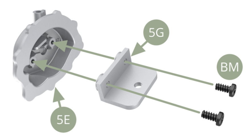 Positionner le support 5G sur le couvercle arrière 5E et le fixer avec deux vis BM. 