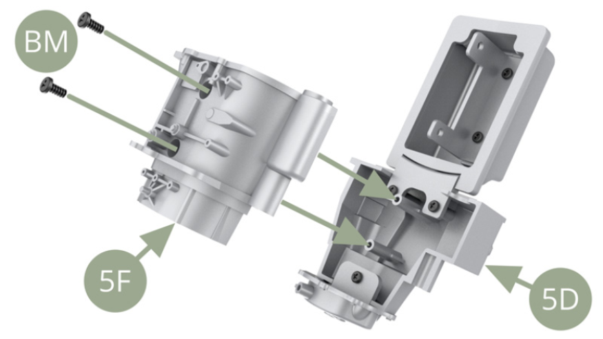 Fit 5F Top Gearbox housing to 5D Bottom Gearbox housing and fix with two BM screws.