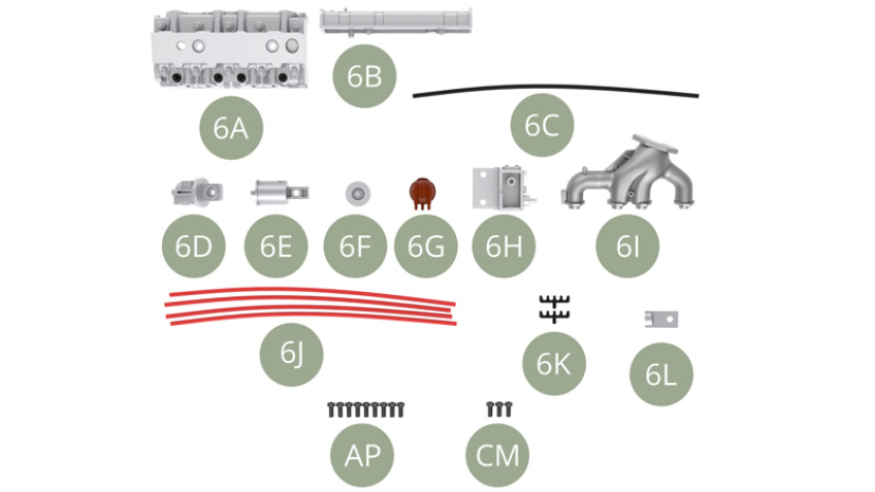 6A Zylinderkopf mit Zündkerzen6B Zylinderkopfhaube6C Ölentlüftungsschlauch6D Zündverteiler 16E Zündverteiler 26F Vakuumverteiler6G Verteilerkappe6H Thermostatgehäuse6I Auspuffkrümmer6J Hochspannungskabel (x4) 6K Kabelführungen (x2)6L Zündverteiler 3AP M1,7 x4mm ( x9 ) CM M1,7 x4mm ( x3 )