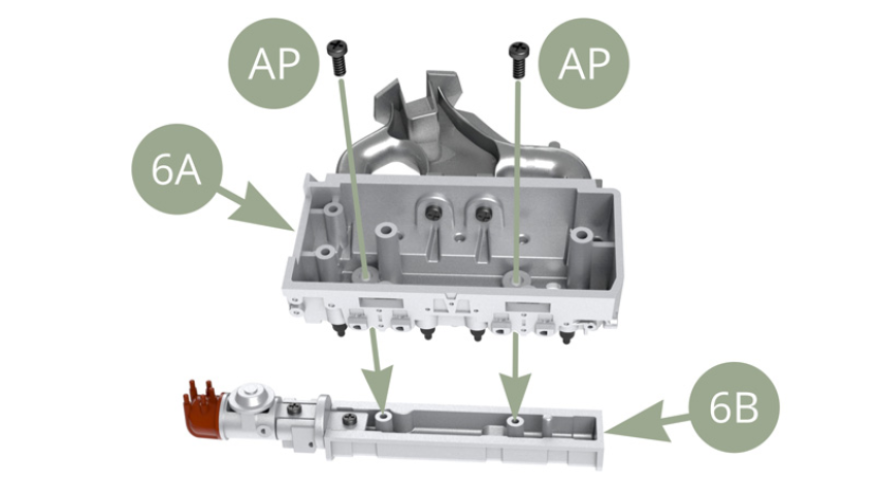 Positionner le couvre-culasse 6B sur la culasse 6A et le fixer avec deux vis AP. Positionner le distributeur #3 6L sur le boîtier de thermostat 6H et le fixer avec une vis AP.