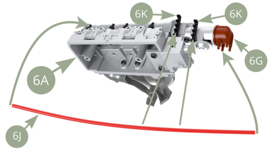 Connecter l’extrémité d’un câble 6J à l’une des bougies de la culasse 6A et l’autre sur la tête de distributeur 6G. Ajuster ce câble 6J dans les fentes les plus basses des deux guide-câbles 6K. Connecter l’extrémité d’un câble 6J à l’une des bougies de la culasse 6A et l’autre sur la tête de distributeur 6G. Ajuster ce câble 6J dans les fentes des deux guide-câbles 6K situées au-dessus des précédentes.