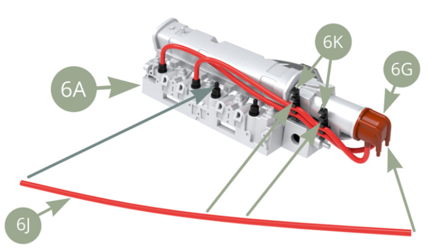 Connecter l’extrémité d’un câble 6J à l’une des bougies de la culasse 6A et l’autre sur la tête de distributeur 6G. Ajuster ce câble 6J dans les fentes des deux guides-câbles 6K situées au-dessus des précédentes. Connecter l’extrémité d’un câble 6J à l’une des bougies de la culasse 6A et l’autre sur la tête de distributeur 6G. Ajuster ce câble 6J dans les fentes les plus hautes des deux guide-câbles 6K.