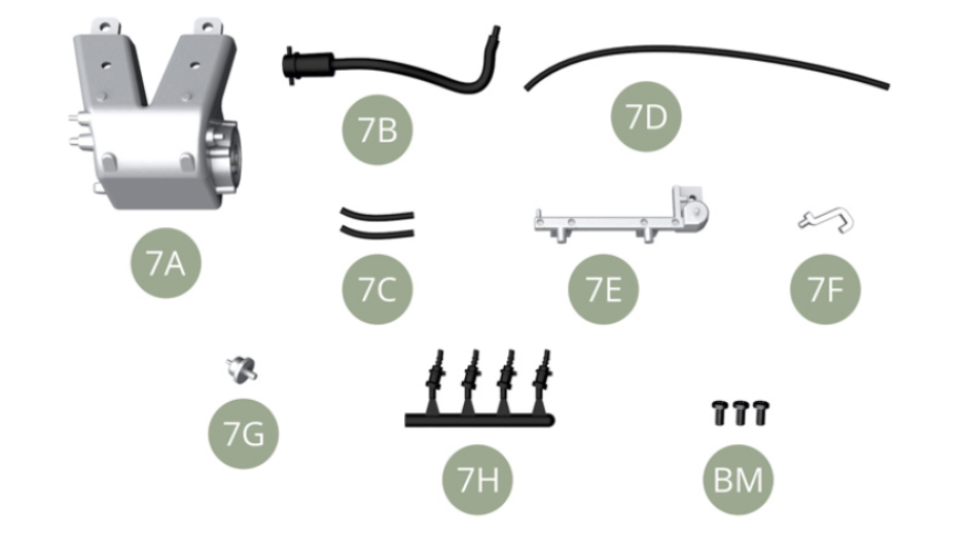 7A Intake manifold7B Oil filler housing7C Vacuum hose ( x2 )7D Oil breather hose7E Fuel injection feed rail7F Gas hose bracket7G Fuel pressure regulator7H Fuel injector ( x4 )BM M2,0 x4mm ( x3 )