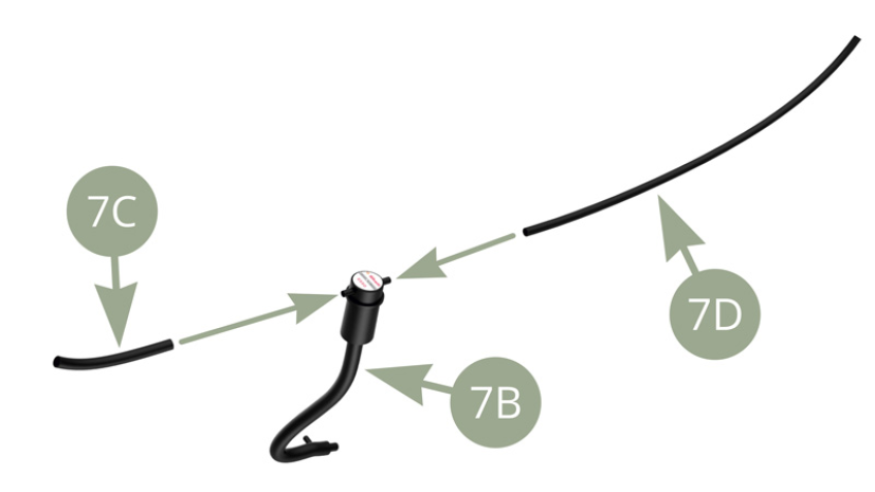 Connecter le tuyau d’aspiration 7C et le tuyau de reniflard d’huile 7D à la durite de remplissage 7B. Positionner le régulateur de pression 7G sur la rampe d’injection 7E. Positionner la rampe d’injection 7E sur le collecteur d’admission 7A. 