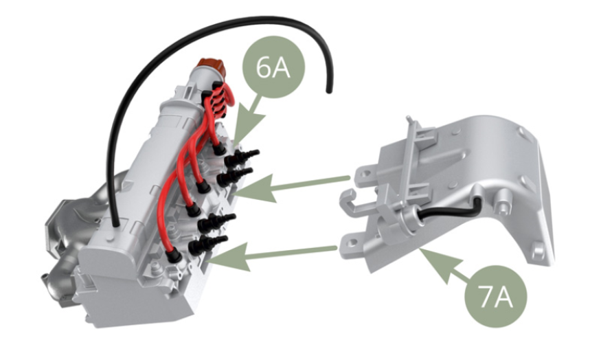 Start fitting 7A Intake manifold to 6A Cylinder head. At the same time ( continued on next page) aim four 7H Fuel injectors to enter in their respective sockets on 7E Fuel injection feed rail.