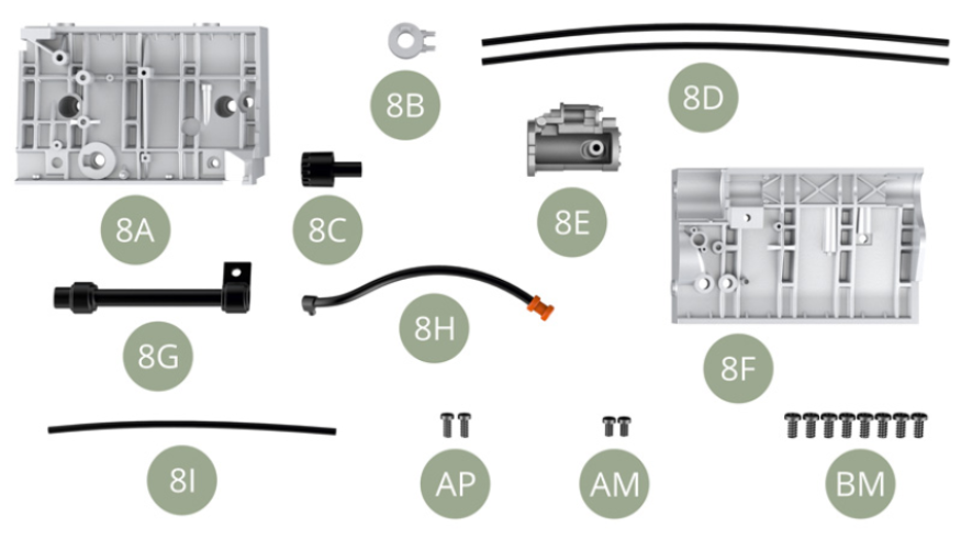 8A Bloque motor izquierdo8B Enfriador de aceite8C Filtro de aceite8D Manguera de aceite (x2)8E Motor de arranque8F Bloque motor derecho 8G Extensión del eje de transmisión8H Varilla de nivel de aceite8I  tubo de calefacciónAP M1,7 x4mm ( x2 )  AM M1,7 x3mm ( x2 )BM M2,0 x4mm ( x8)