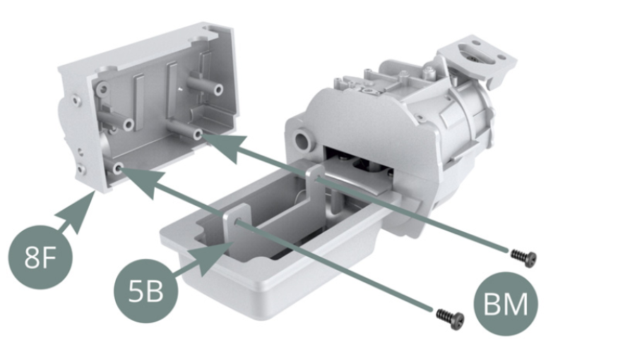 Positionner le bloc moteur droit 8F sur le support 5B et le fixer avec deux vis BM. Positionner ensemble les blocs moteur droit 8F et gauche 8A, puis les fixer avec deux vis BM.