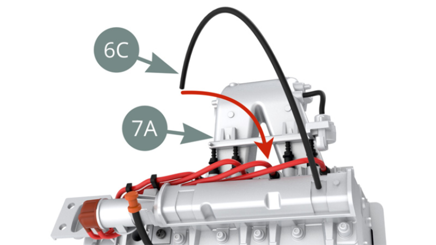 Pass 6C Oil breather hose via 7A Intake manifold V-shape passage , leading it down to fit on 7B Oil filler housing lower side nozzle . Fit 7B Oil filler housing to the socket of 8A Left Engine block.