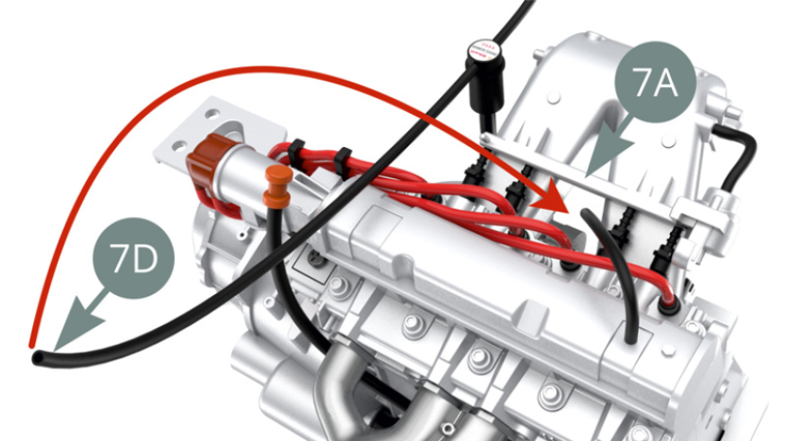 Pass 7D Oil breather hose via 7A Intake manifold V-shape passage , leading it down to fit on 8A Left Engine block nozzle ( illustration below ).