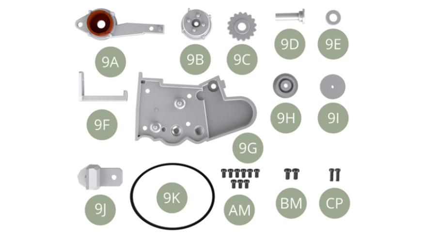 9A Generatorhalterung 19B Generatorgehäuse9C Generatorlüfter9D Achsscheibe9E Scheibenwange9F Lichtmaschinenhalterung 29G Zahnriemenabdeckung9H Kurbelwellenscheibe9I Scheibenwange9J Motorhalterung9K GeneratorriemenAP M 1,7 x3mm ( x9 )  BM M 2,0 x4mm ( x2 )CP M 1,7 x5mm ( x2 )