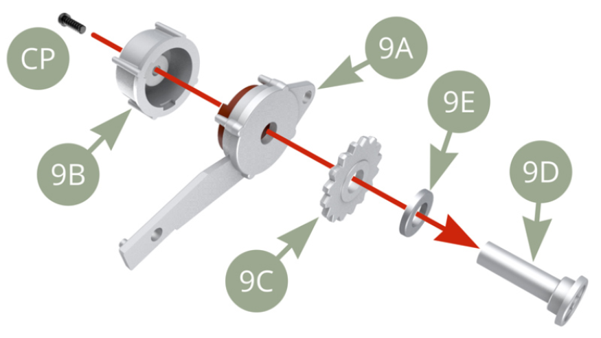 Monta 9E (Polea del alternador 2),  9C (Ventilador del alternador), 9A (Soporte del alternador 1) y 9B (Carcasa del alternador) en 9D (Polea del alternador 1) y fija el conjunto con un tornillo CP. Une 9A (Soporte del alternador 1) a 9F (Soporte del alternador 2) y fíjalos con el tornillo AM.