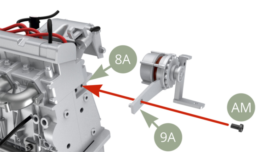 Monta 9A (Soporte del alternador 1) en 8A (Bloque motor lado izquierdo) y asegúralo con un tornillo AM. Monta 9H (Polea del cigüeñal 1) y 9I (Polea del cigüeñal 2) en 9G (Tapa de distribución) y fíjala con un tornillo AM.