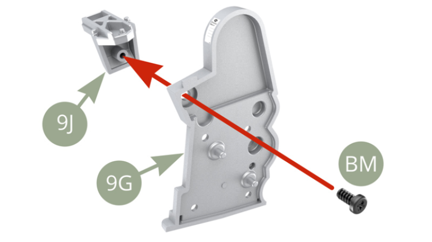 Monta 9J (Soporte del motor) en 9G (Tapa de distribución) y fíjalo con un tornillo BM. Encaja 9G (Tapa de distribución) entre 8A (Bloque motor lado izquierdo) y 8F (Bloque motor lado derecho) y fíjala con cuatro tornillos AM.