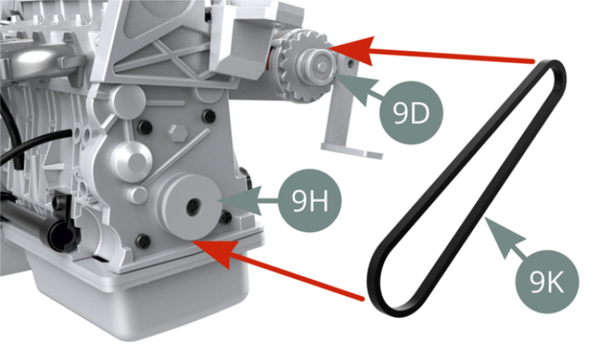 Fit 9K Alternator belt to 9H Crankshaft sheave and 9D Axle sheave.