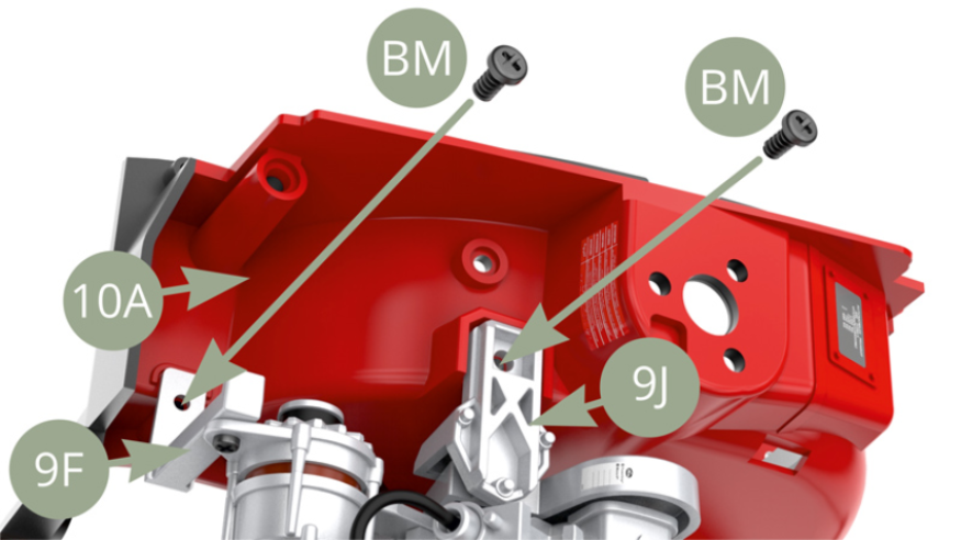 Fix 9J Engine mount and 9F Alternator bracket 2 to 10A Front wheel arc frame with two BM screws.