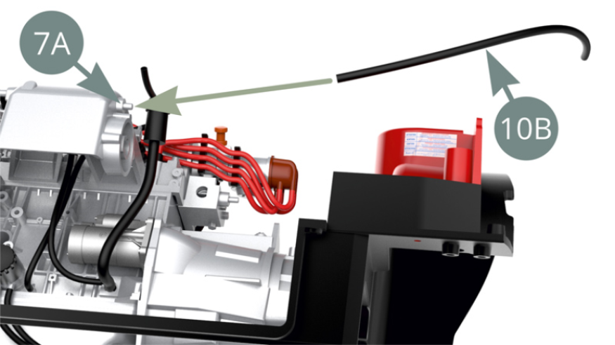 Verbinden Sie 10B (Schlauch) mit dem Nippel von 7A (Ansaugkrümmer).
