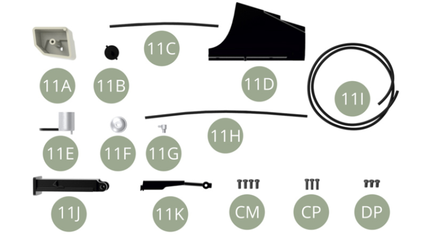 11A Washer fluid reservoir11B Cap11C Washer fluid hose11D Cover11E Fuel filter11F Filter cap11G Pipe connector11H Fuel feed pipe11I Fuel feed pipe11J Jack body11K Jack mechanismCM M 1.7x4 mm ( x4 ) CP M 1.7x5 mm ( x3 ) DP M1.7x3 mm ( x3 )