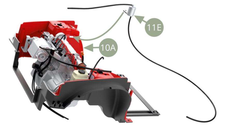 Fit 11E Fuel filter to the slot in 10A Front wheel arc frame , and fix to it with CM screw from below wheel arc ( follow top and bottom illustrations ).