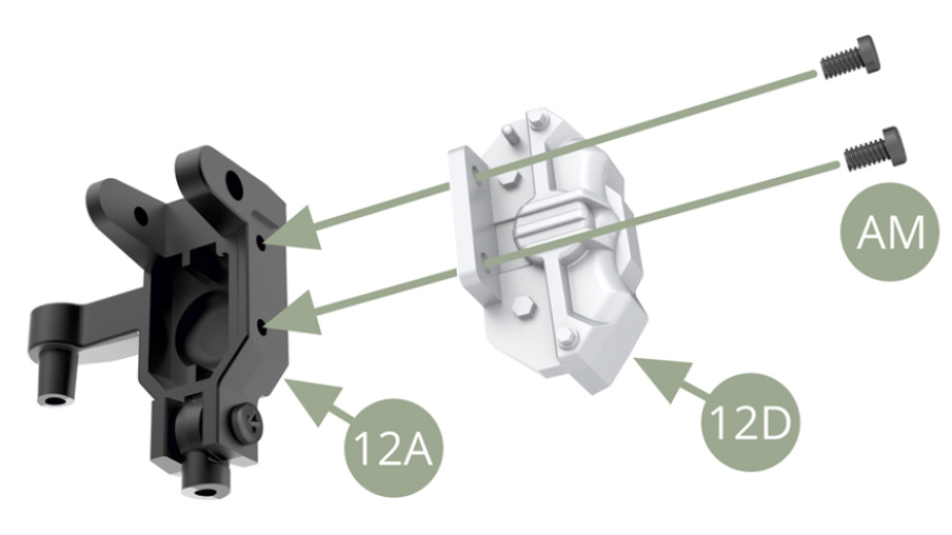 Fit 12D Brake caliper to 12A Hub carrier and fix with two AM screws.