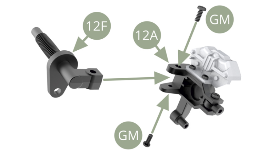 Positionner le bras de suspension avant 12F sur le porte-moyeu 12A le fixer avec deux vis GM.