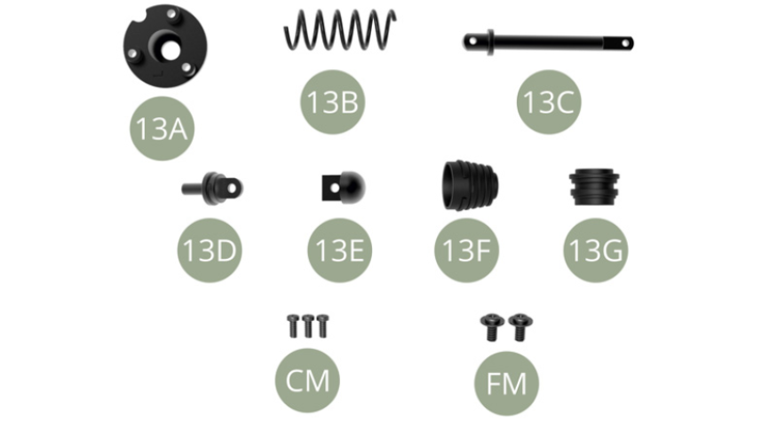 13A Obere Montageplatte13B Schraubenfeder13C Antriebswelle13D Schwenkgelenk13E Achsschenkel13F Gummibalg13G GummibalgCM M 1,7 x 4 mm (x 3)FM M 2,3 x 3 x 5,5 mm (x 2)