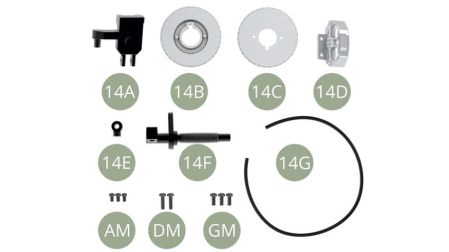 14A Portamozzo14B Parte esterna del disco del freno14C Parte interna del disco freno14D Pinza del freno14E Perno di collegamento14F Puntone della sospensione anteriore 14G Tubo del liquido dei freniAM M 1,7 x 3 mm (x 3)DM M 2,0 x 7 mm (x 2)GM M 2,0 x 5 mm (x 3)