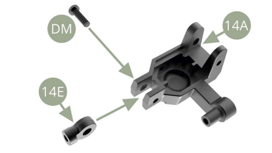 Fit 14E Pivot link to 14A Hub carrier and fix with DM screw.